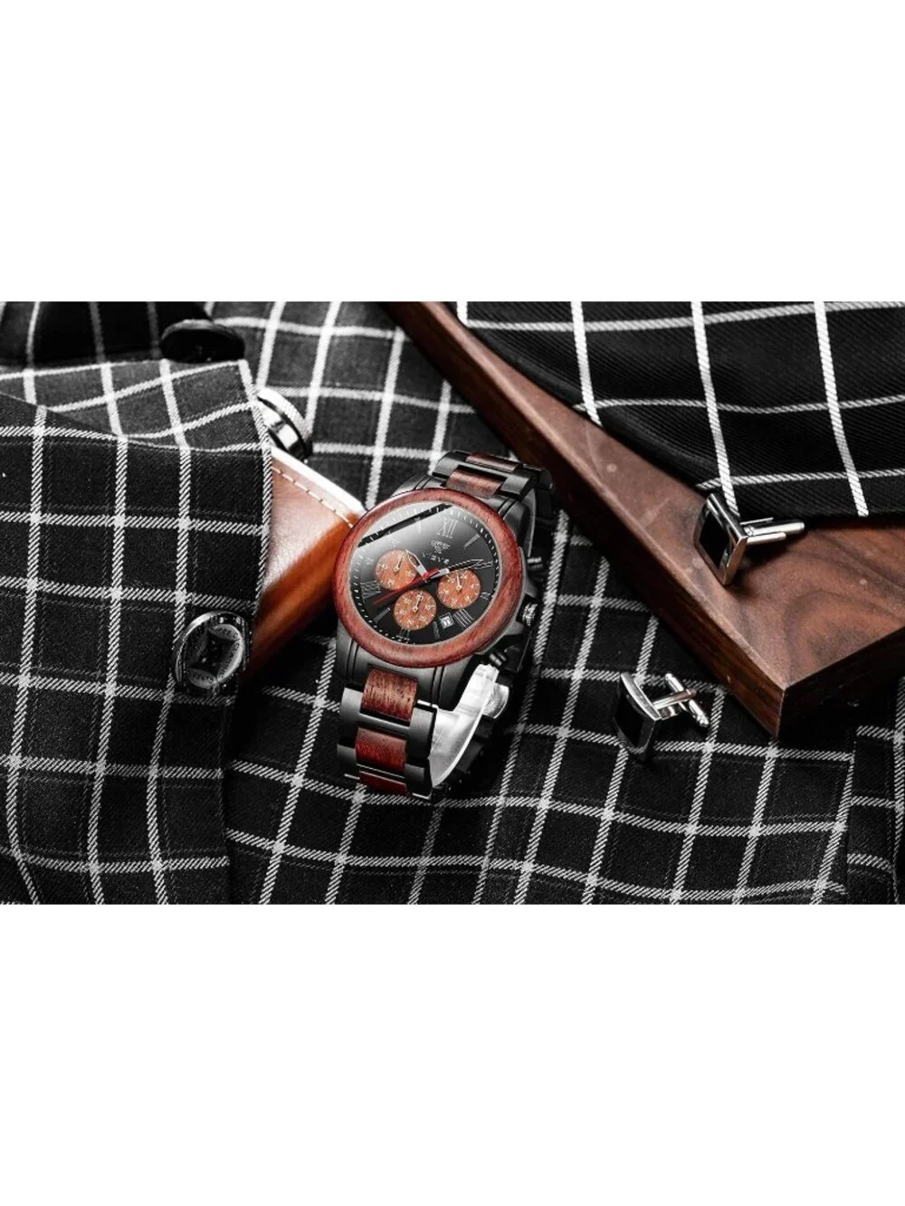 Men's Black Red Stainless Steel Chronograph Solid Multifunctional Wooden Watch